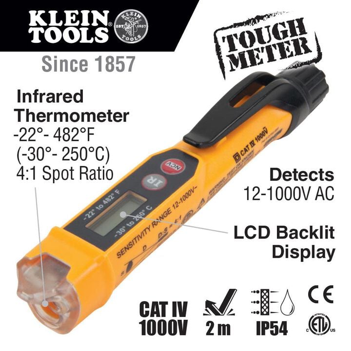 Klein Tools Non-Contact Voltage Tester Pen with Infrared Thermometer, 12 to 1000V AC, large image number 1
