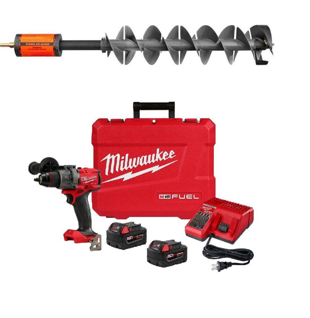 K-Drill 8.5in Ice Auger with Milwaukee M18 FUEL 1/2in Drill/Driver Kit  Bundle