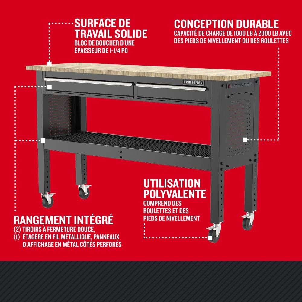 CRAFTSMAN 6 Ft. 2-Drawer Adjustable Height Workbench, Black
