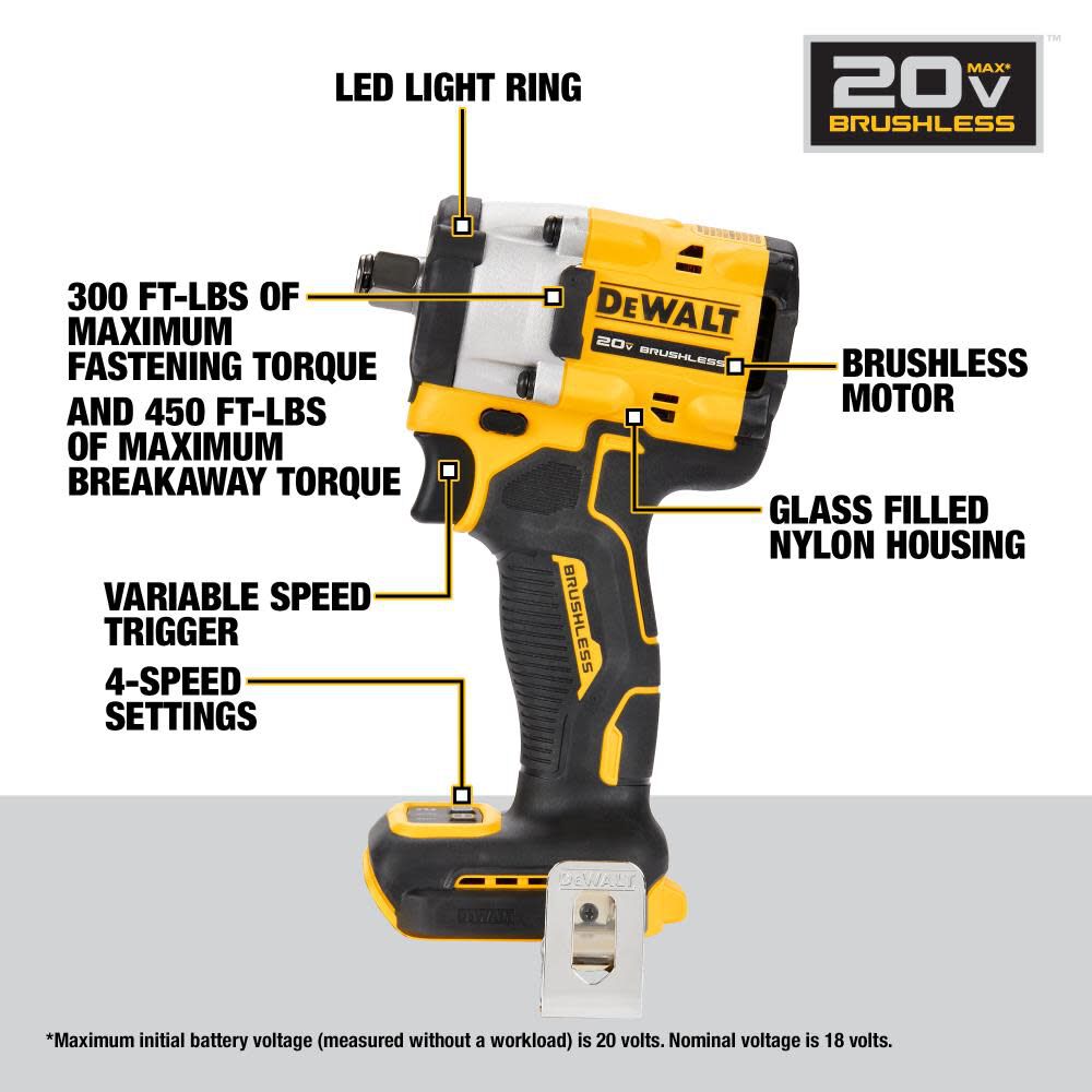 DEWALT ATOMIC 20V MAX 1/2" Cordless Impact Wrench with Hog Ring (Bare Tool) and Protective Boot, large image number 13