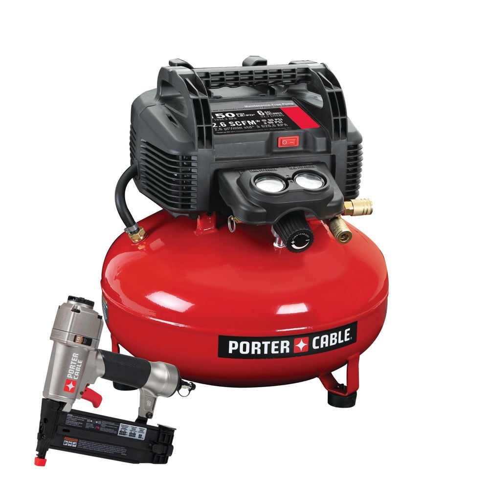 Porter Cable 6 Gallon 150 PSI Portable Electric Air Compressor and 18 Gauge Brad Nailer Combo Kit, large image number 1