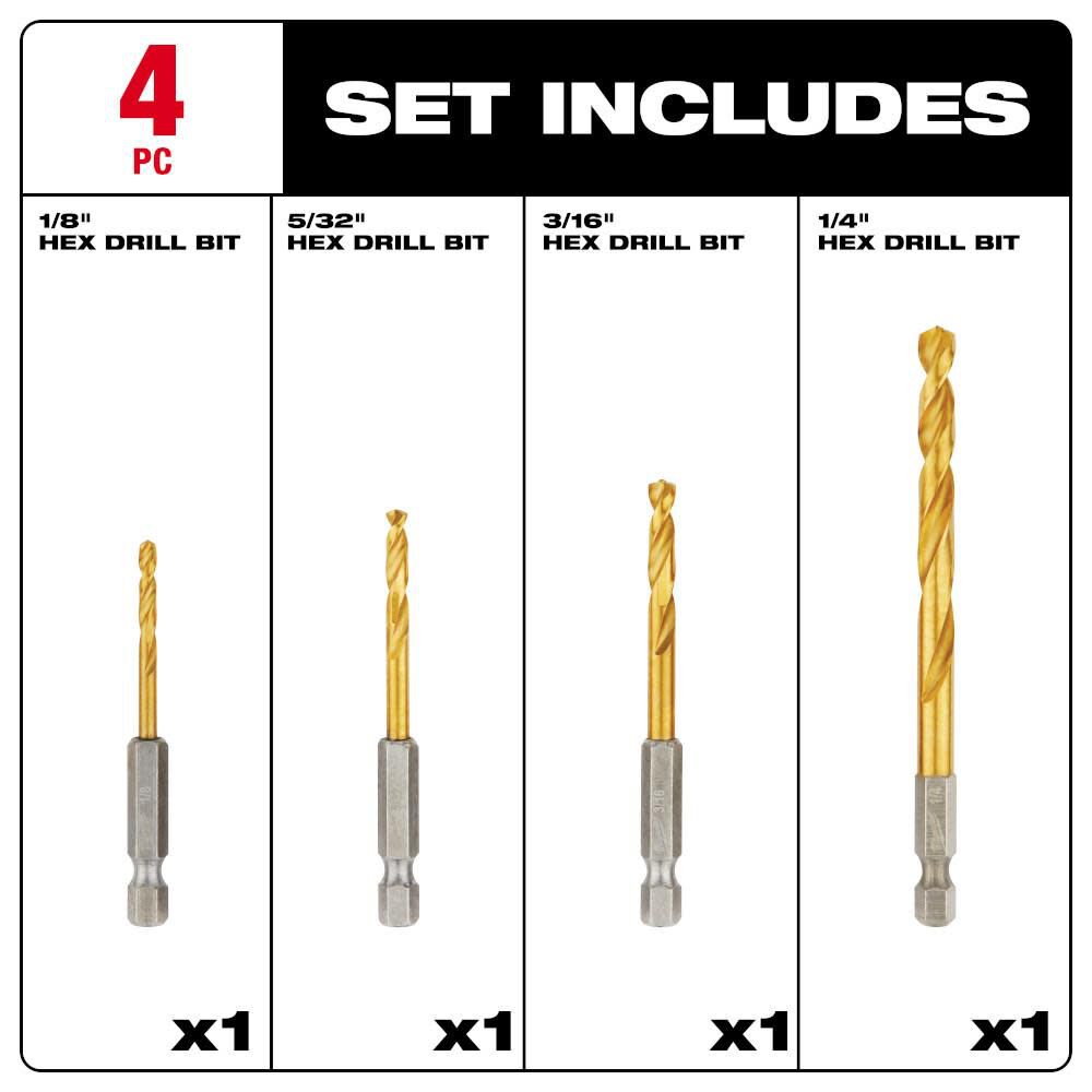 HBI #4 24° Milwaukee SHOCKWAVE Red Helix Drill Bits 4pc 48-89-4644