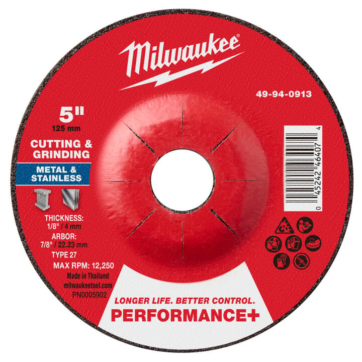 Milwaukee 5 Inch x 1/8 Inch x 7/8 Inch Performance+ Dual Metal Cut & Grind Wheel Type 27, large image number 0