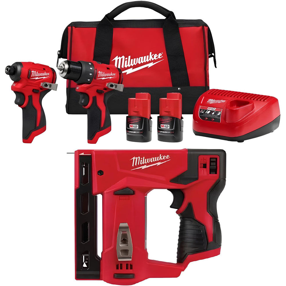 Milwaukee M12 Subcompact 2-Tool Combo Kit and 3/8 Inch Crown Stapler Bundle, large image number 1