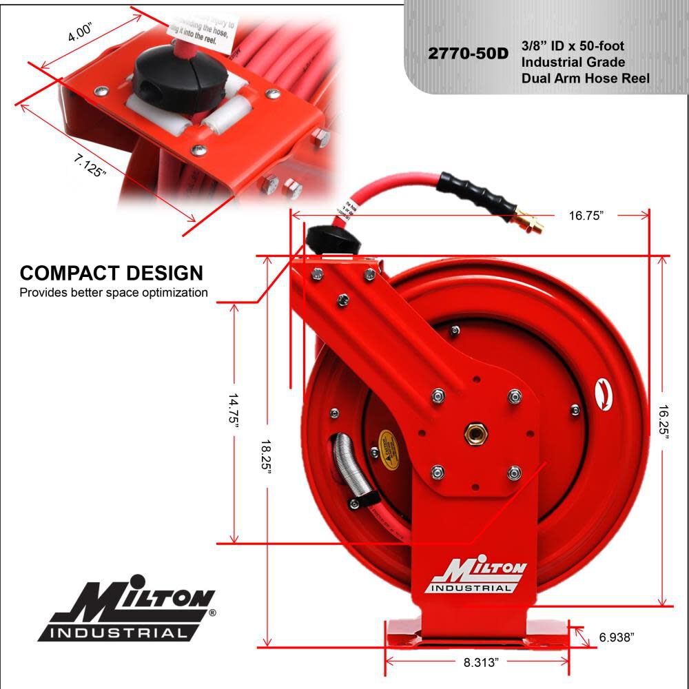 Milton Industrial Auto-Retracting Air Hose Reel - 3/8in x 50' - 300 Max PSI, large image number 8