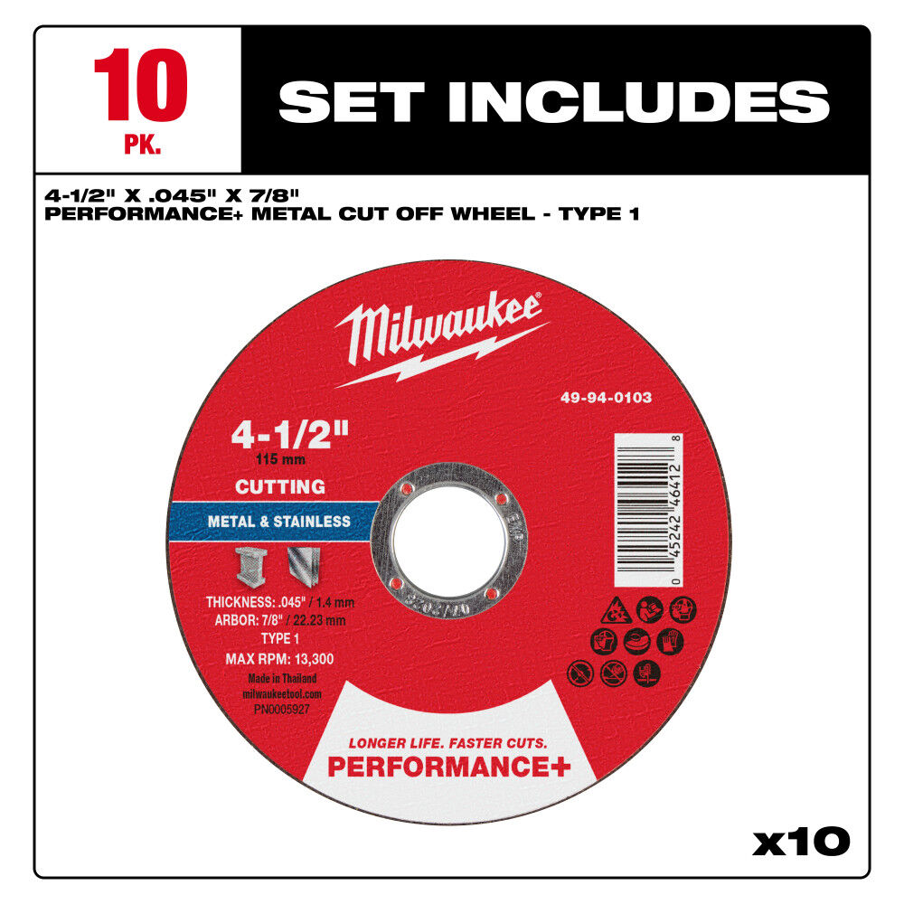 Milwaukee 4-1/2 Inch x .045 Inch x 7/8 Inch Performance+ Metal Cut Off Wheel Type 1 10 Pieces, large image number 8