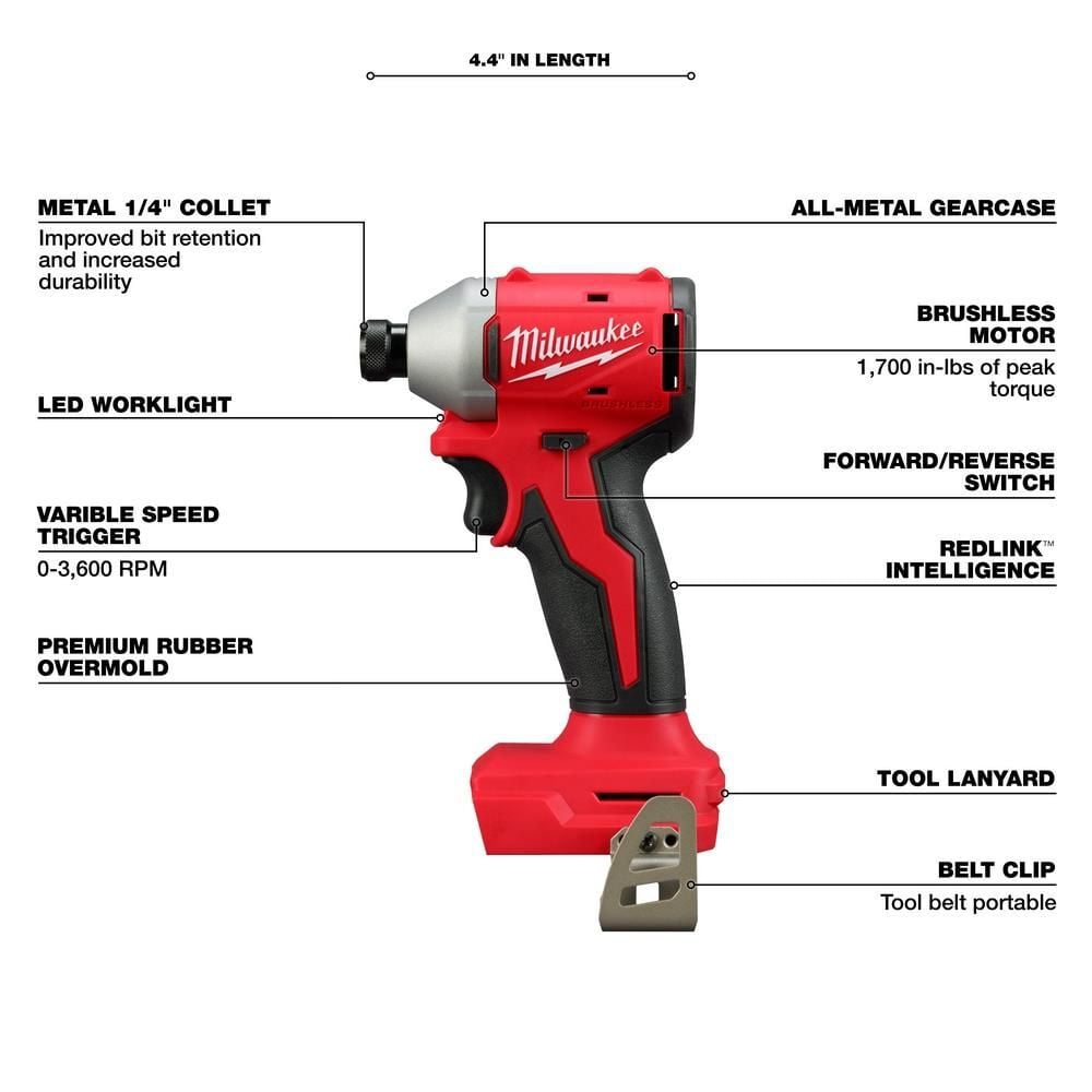 Milwaukee M18 Compact Brushless 1/4 Inch Hex Impact Driver (Bare Tool)-Reconditioned, large image number 4