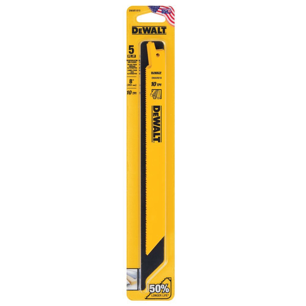 DEWALT 8 Inch 10 TPI General-Purpose Bi-Metal Reciprocating Saw Blade, 5 Pieces, large image number 2