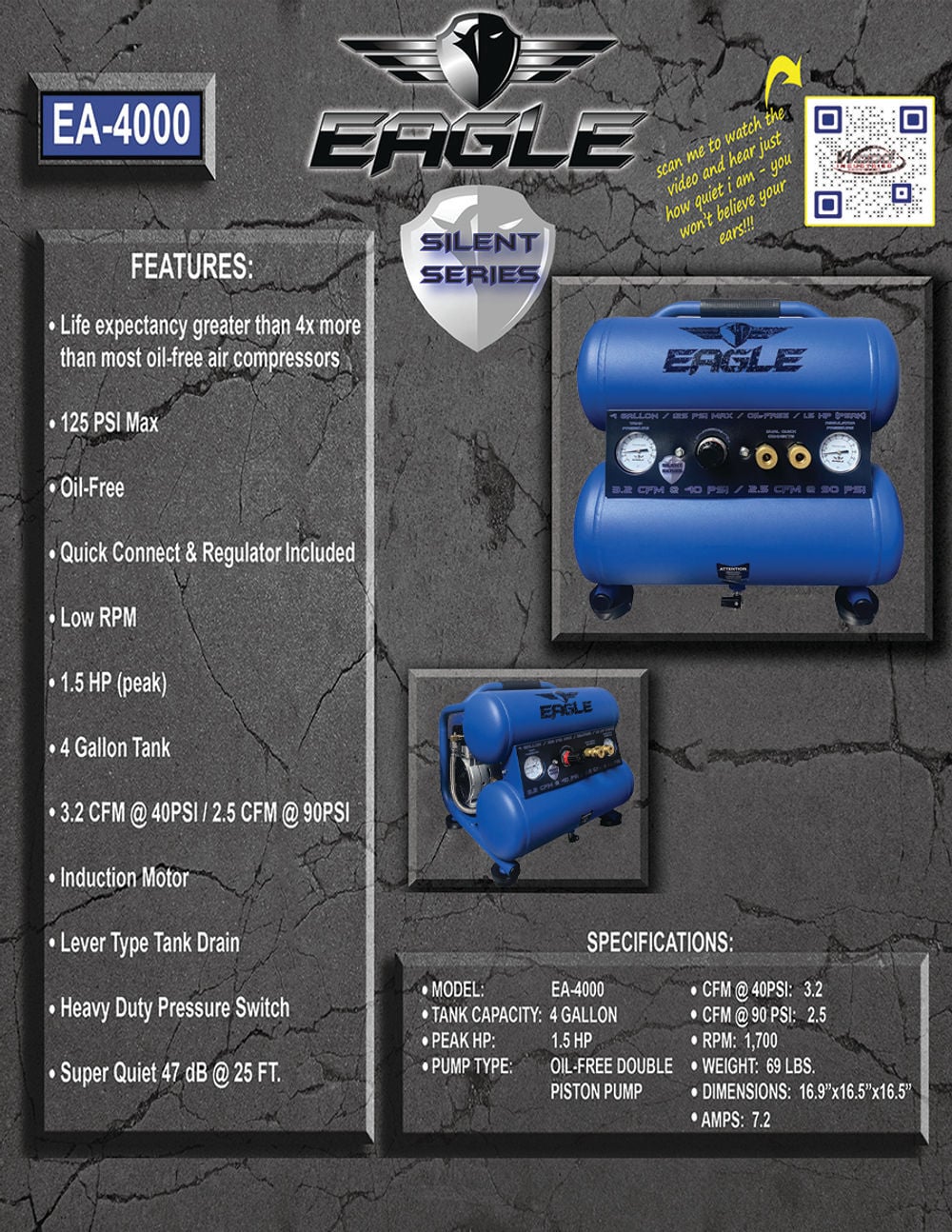 Eagle Compressor Silent Series 4 Gallon Portable Electric Compressor, large image number 2