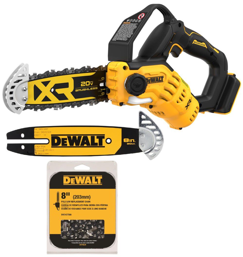 DEWALT 20V Max 8 Inch Brushless Pruning Chainsaw (Tool Only) Replacement Bar with Tip Guard & Replacement Saw Chain Bundle, large image number 1