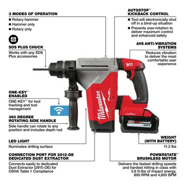 Milwaukee M18 FUEL 1 1/8inch SDS Plus Rotary Hammer ONE-KEY Dust Extractor Kit, large image number 7