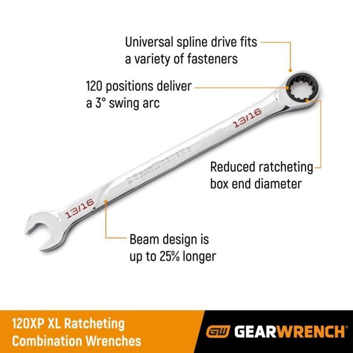 GEARWRENCH 120XP Combination Ratcheting Wrench Universal Spline XL 13mm, large image number 2