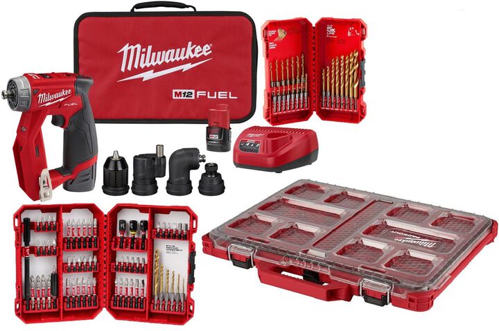 Milwaukee M12 FUEL Installation Drill/Driver Kit PACKOUT Low-Profile Organizer 60pc SHOCKWAVE Drill Bit Set & 23pc Titanium Drill Bit Set