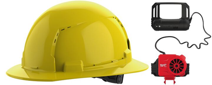 Milwaukee BOLT Yellow Full Brim Vented Hard Hat with 6pt Ratcheting Suspension Type 1 Class C & USB Cooling Fan Bundle