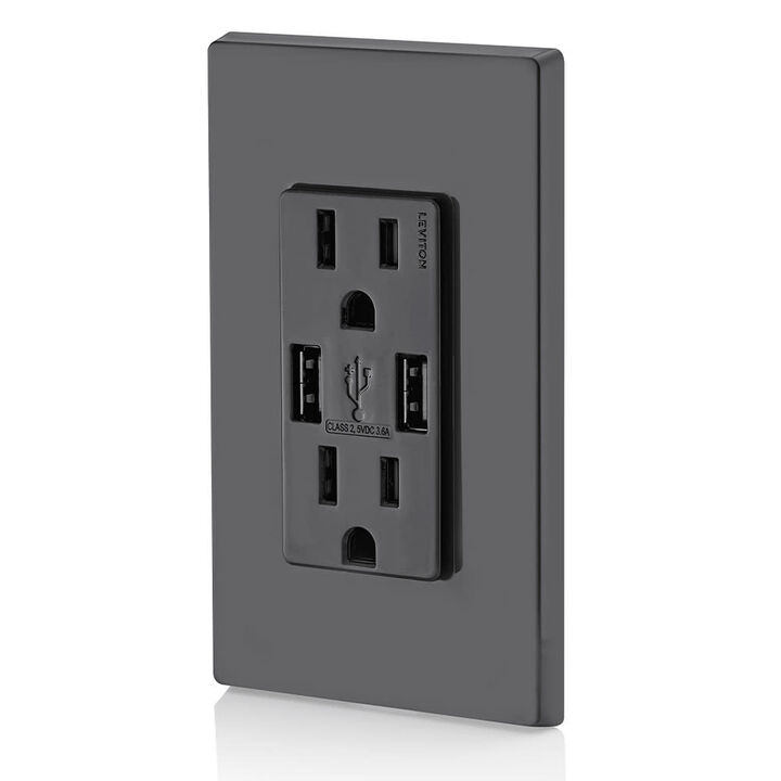 Leviton Decora 15A 125V Black NEMA 5-15R Outlet & USB Charger, large image number 3