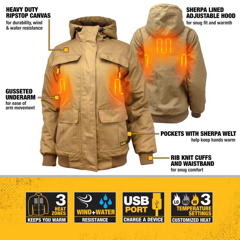 DEWALT Womens Rip Stop Canvas Heated Kit Jacket with Battery Charger Adapter Small
