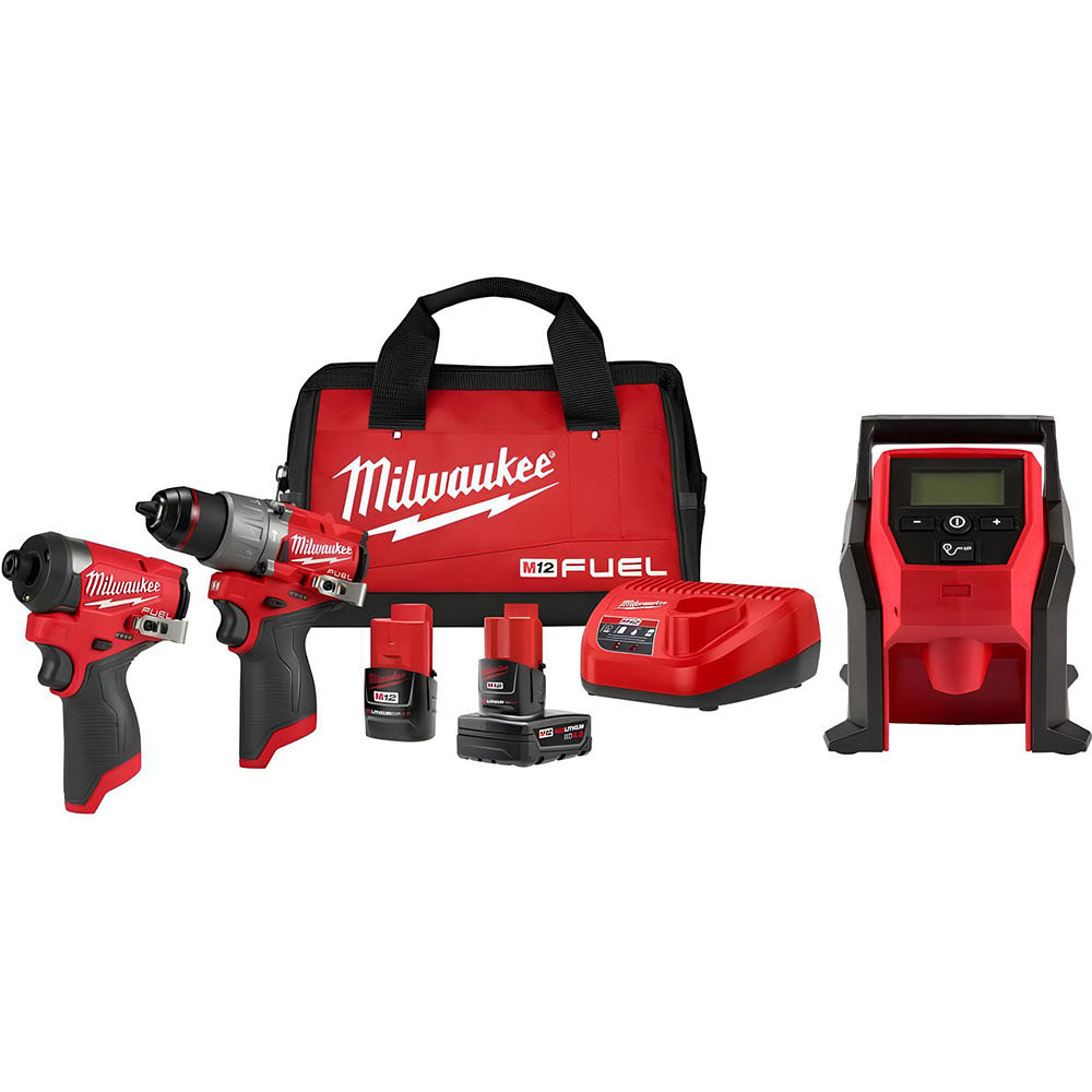 Milwaukee M12 FUEL Drill, Driver & Inflator Combo Kit Bundle, large image number 1