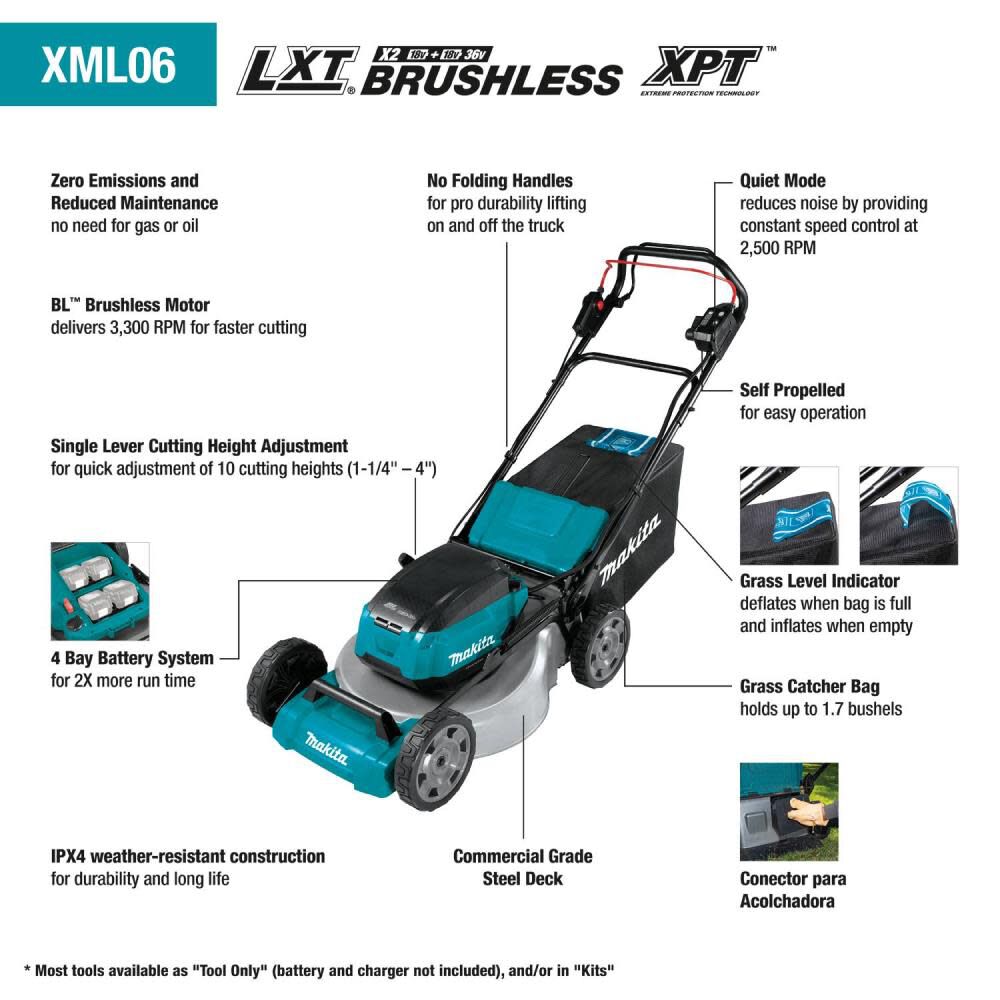 Makita 18V X2 36V LXT LithiumIon Brushless Cordless 18in Self Propelled Lawn Mower Kit with 4 Batteries 5.0Ah XML06PT1 Acme Tools