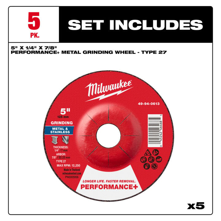 Milwaukee 5 Inch x 1/4 Inch x 7/8 Inch Performance+ Metal Grinding  Wheel Type 27 5 Pieces, large image number 7