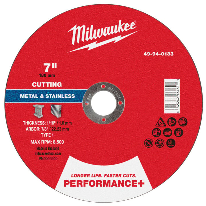 Milwaukee 7 Inch x 1/16 Inch x 7/8 Inch Performance+ Metal Cut Off Wheel Type 1