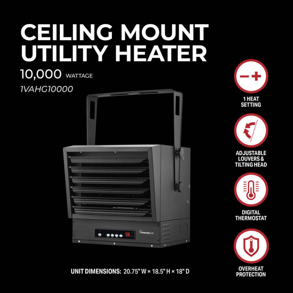 VisionAir 20.5 In. 10000W 9478 Btu 2000 Sq-Ft. Ceiling Mount Heater, large image number 3