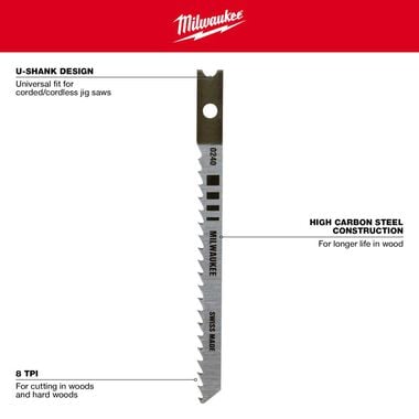 Milwaukee 3-1/8 in. 8 TPI High Carbon Steel Jig Saw Blade 5PK, large image number 3