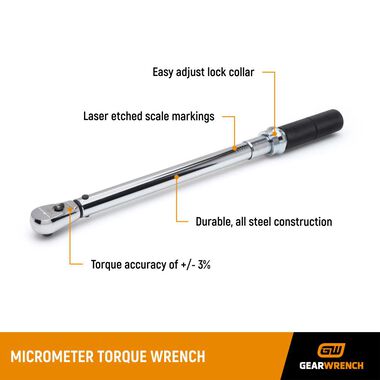 GEARWRENCH 3/8in Drive Micrometer Torque Wrench 10-100 ft/Lbs, large image number 5