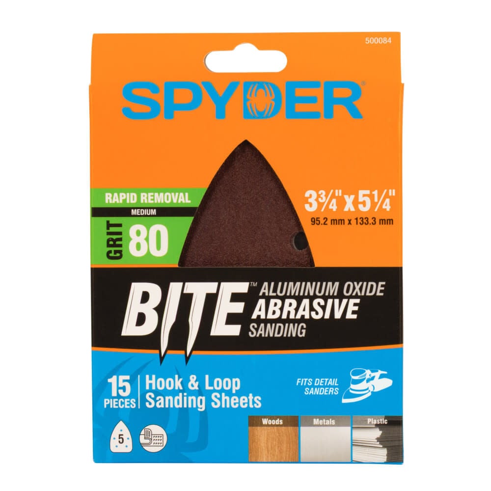 Spyder Detail Sander Sheets, 80 Grit Alum Oxide, 3.75 Inch x 5.25 Inch Mouse, 15 Pieces, large image number 1