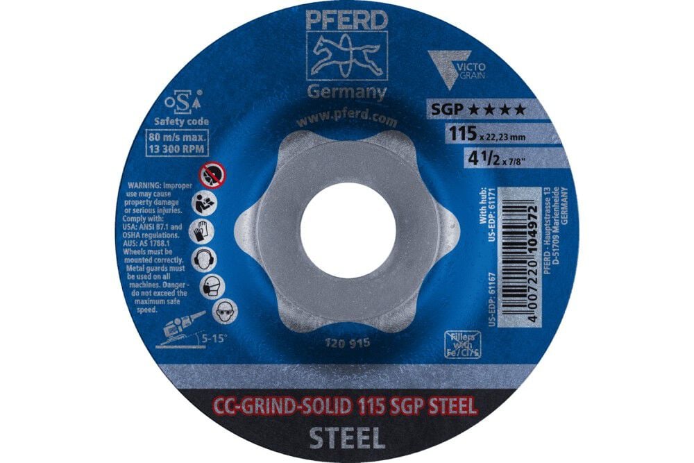 Pferd Grinding disc, CC-GRIND-SOLID, 4-1/2 Inch x 7/8, SGP STEEL VICTOGRAIN, Ceramic, large image number 3