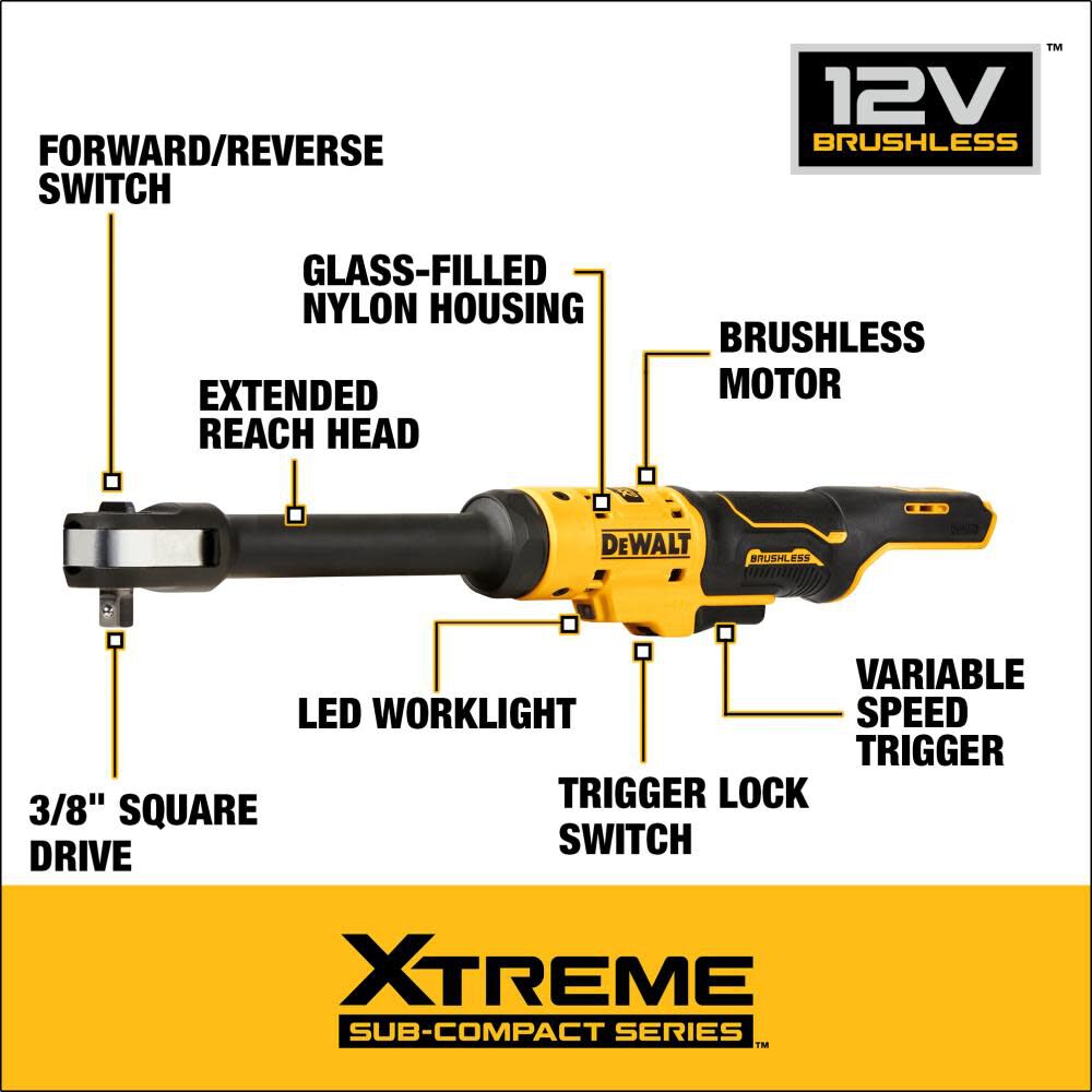 DEWALT XTREME 12V MAX 3 8in Extended Reach Ratchet Brushless Bare Tool DCF503EB Acme Tools