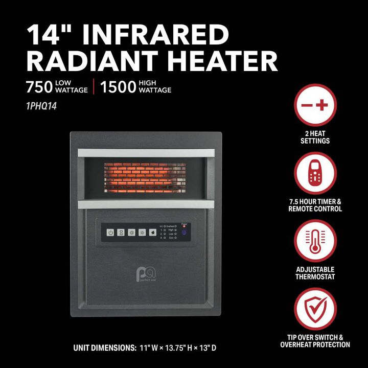 Perfect Aire 14 Inch 1500/750W 5118 BTU Black 4 Tube Infrared Heater with Remote, large image number 2