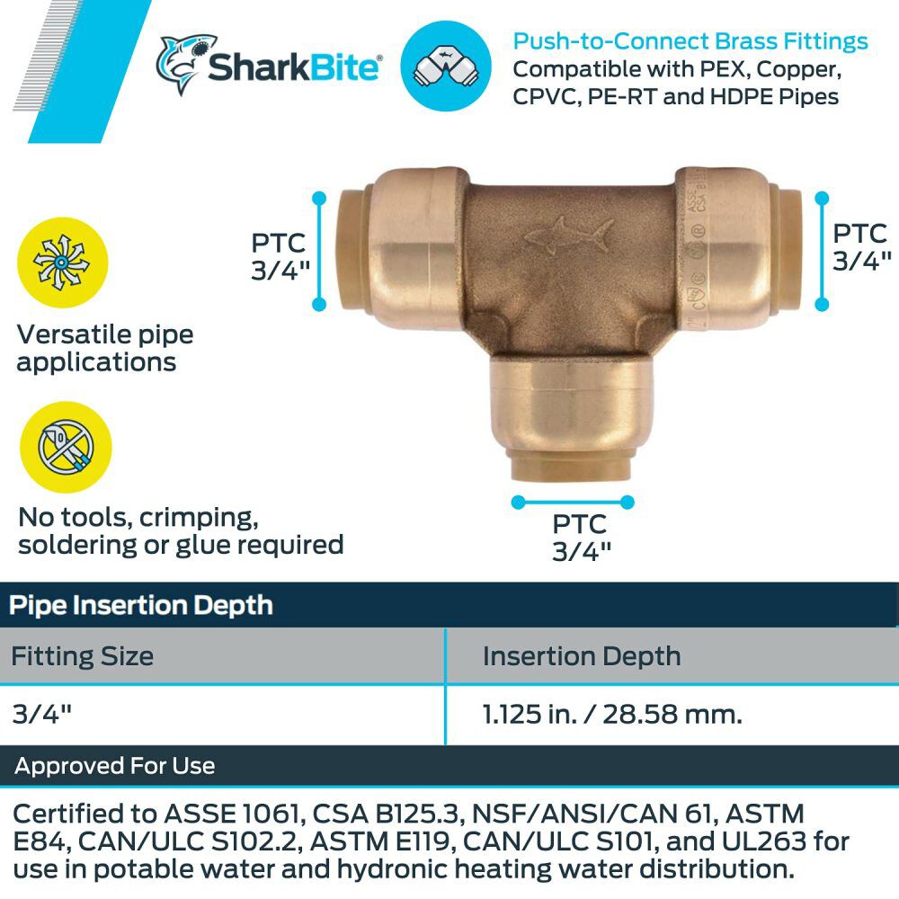 Sharkbite 3/4in x 3/4in x 3/4in Push to Connect Brass Tee, large image number 6