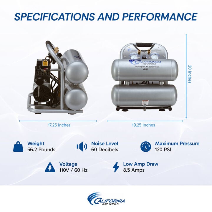California Air Tools Ultra Quiet Oil-Free Corded 1HP 4.6 Gallon Steel Twin Tank Air Compressor, large image number 3