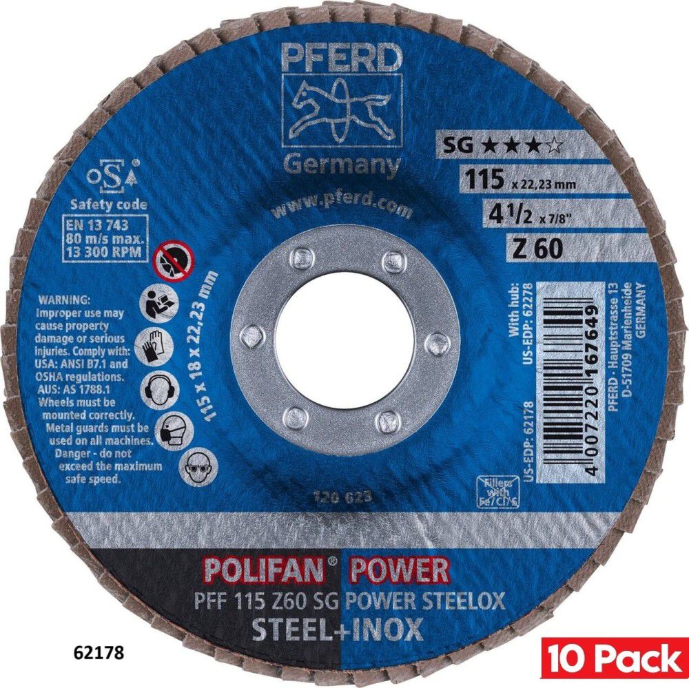 Pferd 4-1/2 Inch x 7/8 Inch, Z SG POWER STEELOX, 60 Grit, T27, Flap Disc Bundle, 10 Pieces, large image number 2