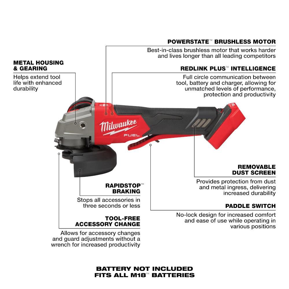 Milwaukee M18 FUEL 4-1/2 Inch / 5 Inch Variable Speed Braking Grinder, Paddle Switch No-Lock-Reconditioned (Bare Tool), large image number 6