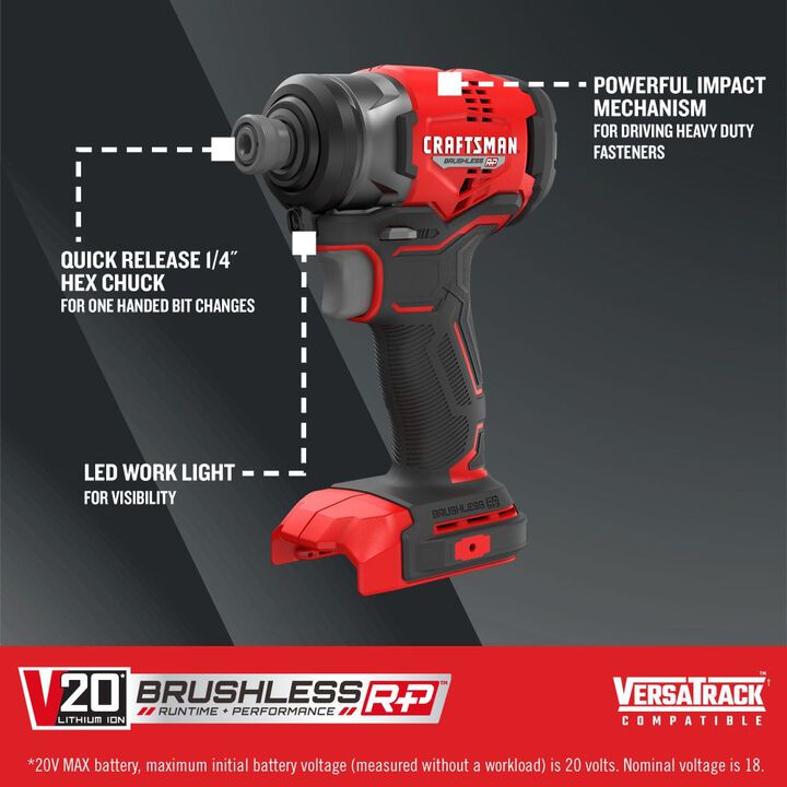 CRAFTSMAN V20 RP Cordless 1/4 Inch Impact Driver (Bare Tool), large image number 1