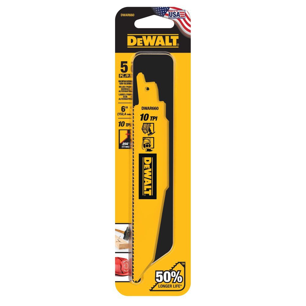 DEWALT 6 Inch 10 TPI Demolition BiMetal Reciprocating Saw Blades, 5 Pieces, large image number 2