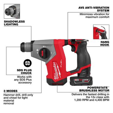 Milwaukee M12 FUEL 5/8 Inch SDS Plus Rotary Hammer Kit, large image number 2