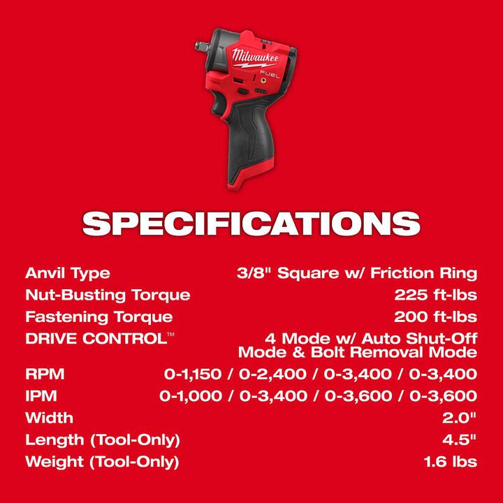 Milwaukee M12 FUEL 3/8 Inch Subcompact Impact Wrench with Friction Ring (Bare Tool), large image number 6