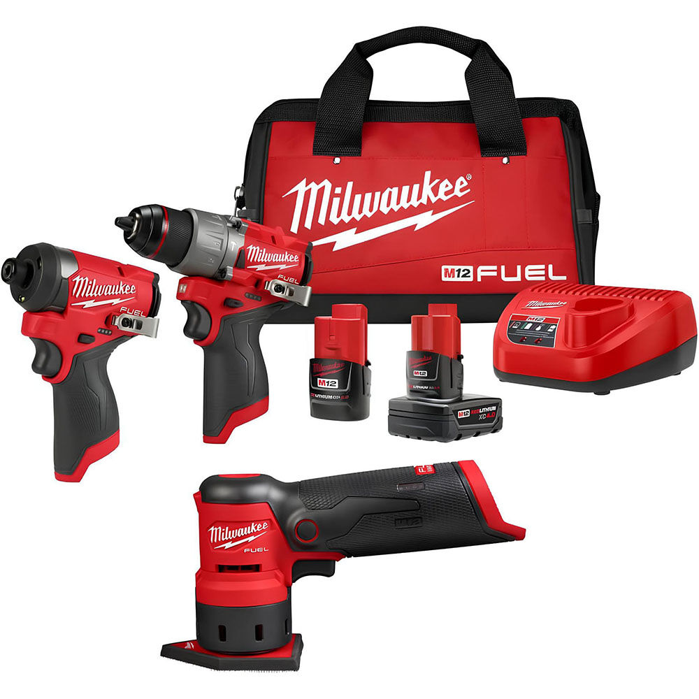 Milwaukee M12 FUEL Drill Driver, Impact Driver & Orbital Sander Combo Kit Bundle, large image number 1