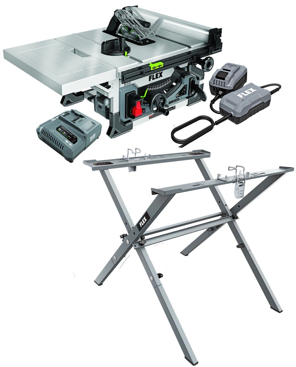 FLEX 8-1/4 Inch Table Saw Stacked Lithium Kit 24V Power Adapter & Folding Saw Stand Bundle - ATB000011566