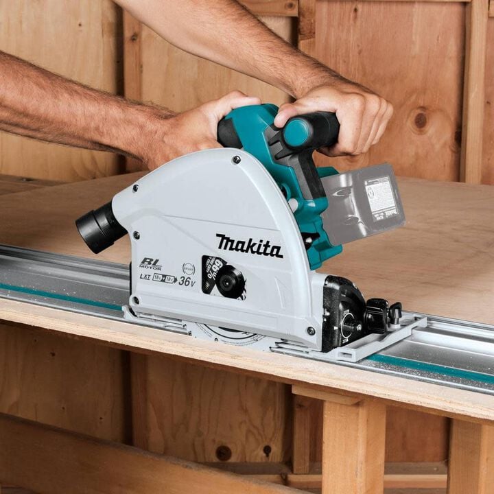 Makita 18V X2 LXT Lithium-Ion (36V) Brushless 6-1/2 Inch Plunge Circular Saw, 55 Inch Guide Rail, & 4 Ah Battery and Charger Starter Pack Bundle, large image number 9