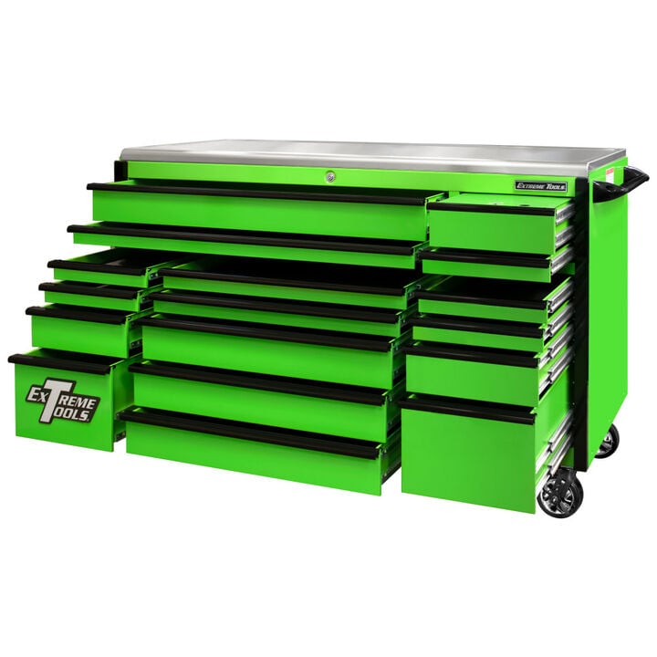 Extreme Tools 72in Green Roller Cabinet with Black Drawer Pulls, large image number 1