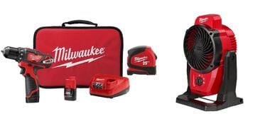 Milwaukee M12 3/8 Drill/Driver & Mounting Fan Kit with Tape Measure Bundle