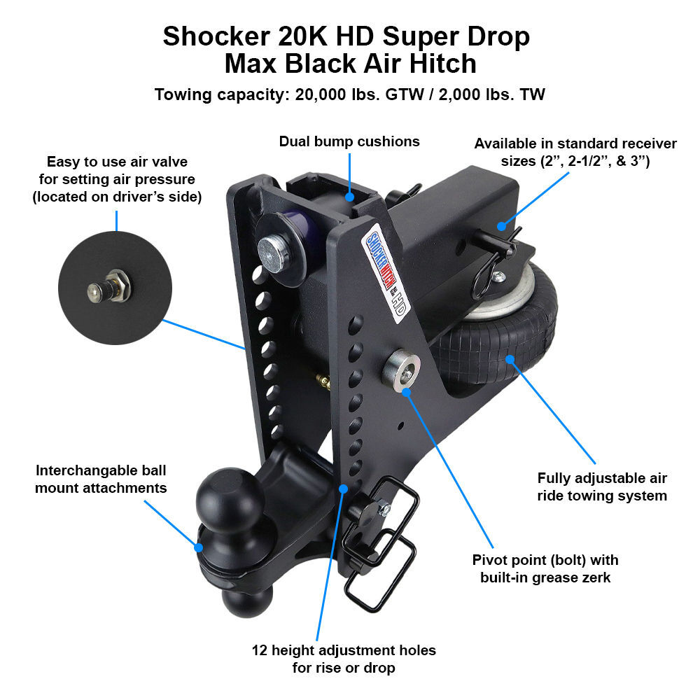 Shocker Hitch HD 20K Max Black Super Drop 2 Inch Receiver Hitch & Chrome Combo Ball Mount with 2 Inch & 2 5/16 Inch Hitch Balls, large image number 3
