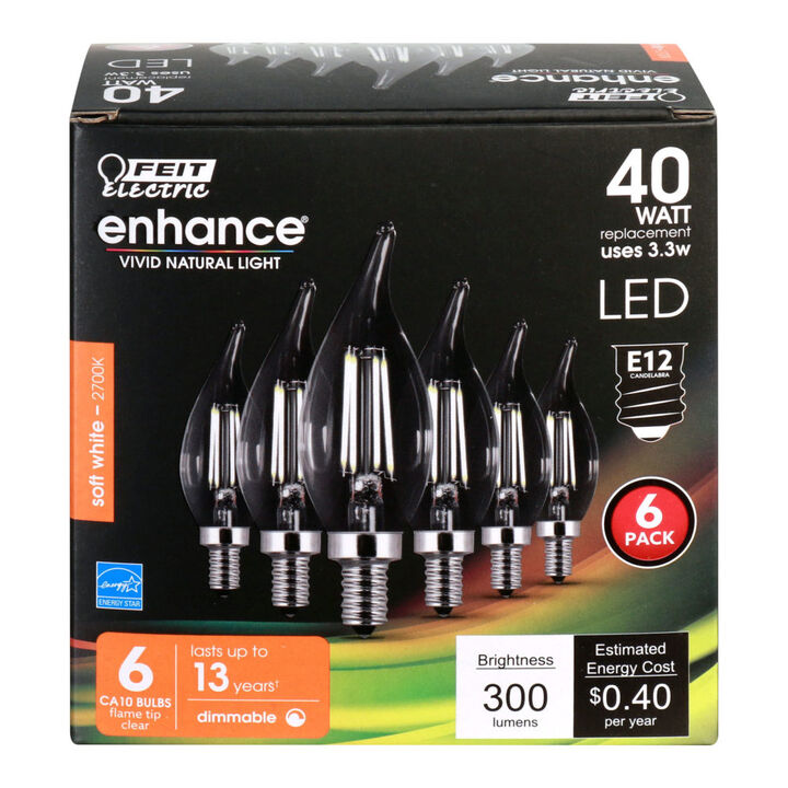 Feit Electric 40W CA10 2700K Dimmable Flame Tip LED Bulb 6pk, large image number 1