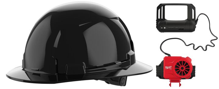 Milwaukee BOLT Black Full Brim Hard Hat with 6pt Ratcheting Suspension Type 1 Class E & USB Cooling Fan Bundle