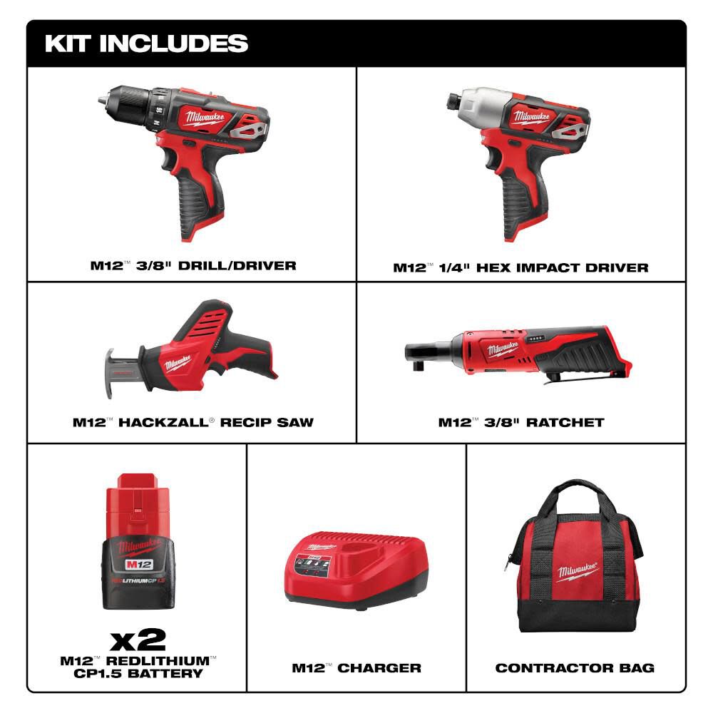 Milwaukee M12 4-Tool Combo Kit 2497-24B - Acme Tools