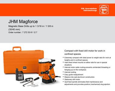 Fein JHM Magforce SLUGGER Magnetic Drill 1-5/8 In. Capacity, large image number 1