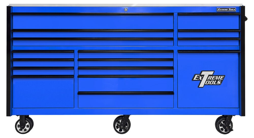 Extreme Tools RX Series 84 Inch W x 30 Inch D 15 Drawer plus Power Tool Drawer Roller Cabinet 250 lb Slides with Black Drawer Pulls – RXQ843016RCBLBK